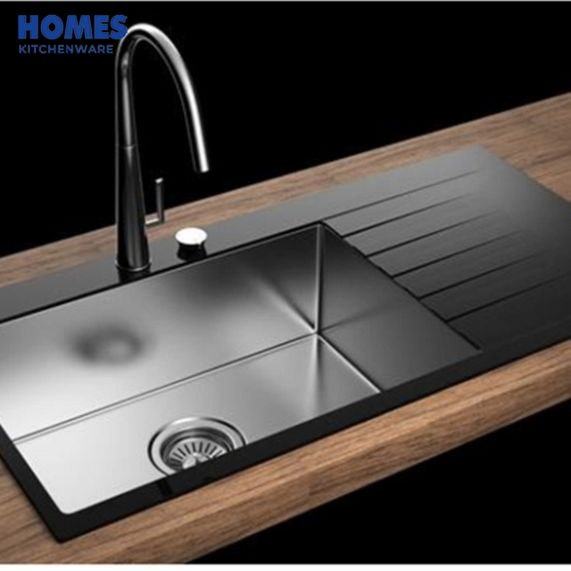 45" Black Glass Sink Topmount Cabinets with Drainboard 115x48