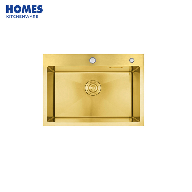 Top Mount Handmade NANO PVD Gold Stainless Steel Double Drop in Single Bowl Kitchen Sink