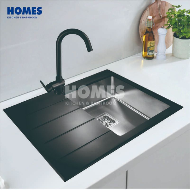 GS7850D Handmade Single-Bowl 304 Stainless Steel Kitchen Sink with Back Glass & Drainboard