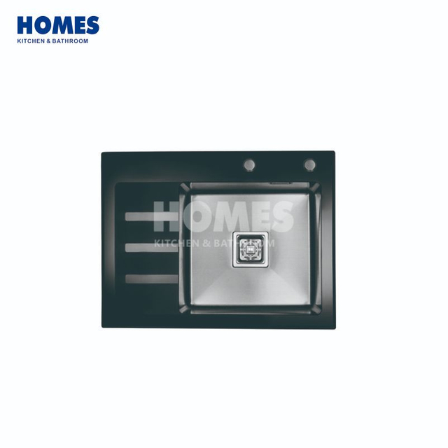 GSM6550L Black Stainless Steel Single-Bowl Kitchen Sink with Drainboard & Glass Cutting Board