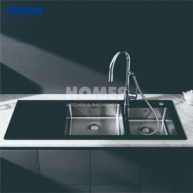 GDM11550L 304 Stainless Steel & Black Glass Double Bowl Kitchen Sink - Handmade with Drainboard