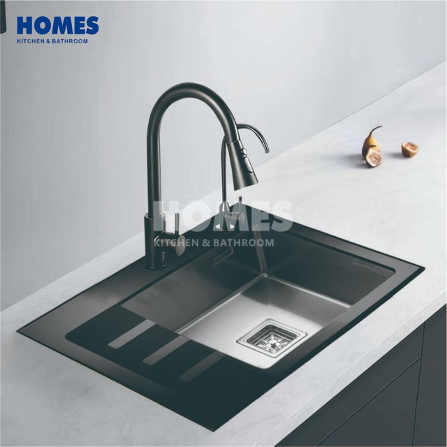 GSM5850L Single-Bowl Black Stainless Steel Kitchen Sink – Equipped with Drainboard and Glass Cutting Board