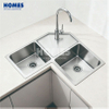 CD1000 Handmade Brushed Stainless Steel Corner Kitchen Sink - Double Bowl with Unique Butterfly Design