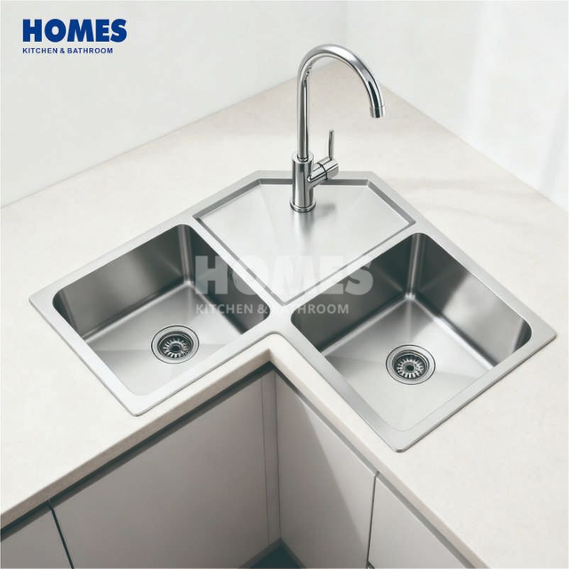 CD1000 Handmade Brushed Stainless Steel Corner Kitchen Sink - Double Bowl with Unique Butterfly Design
