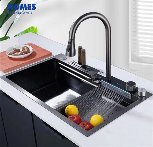 Black-Grey Nano Kitchen Sink 304 Stainless Steel Waterfall Sink Workstation Kitchen with Multifunctional 